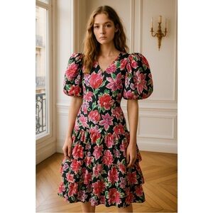 Sabino Vintage 80’s Drop Waist Puff Sleeve Floral Garden Party Dress Medium